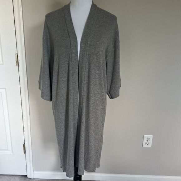 Gray Ribbed Knit Open Front Duster Cardigan Lightweight Cozy Everyday - Picture 5 of 5